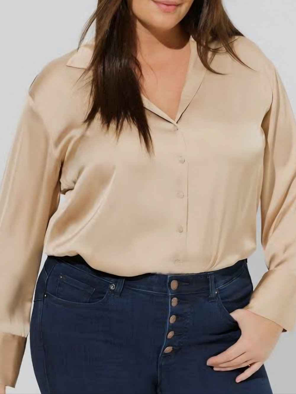 Torrid Sz L Satin Button-Front Blouse in Beige Long Sleeve Collard Top